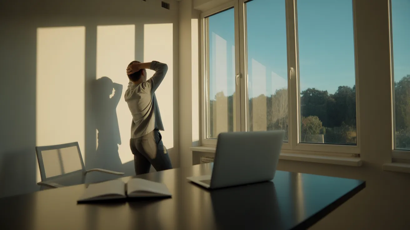 An ultra-wide view of a sunlit home office where a person takes a stretching break by a large window, with dramatic midday shadows filling the room.