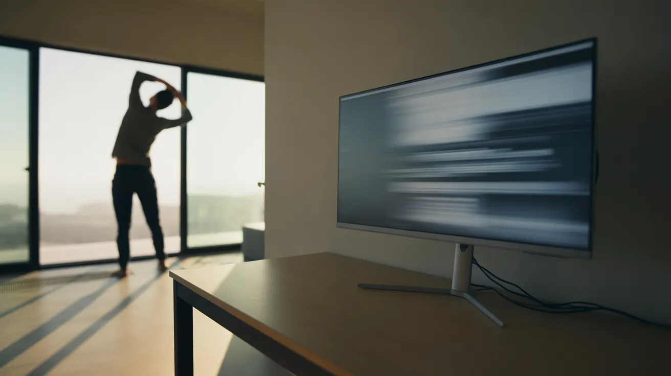 A person takes a stretch break in a sunlit home office. The ultra wide view shows a clean desk with a large monitor and organized cables.