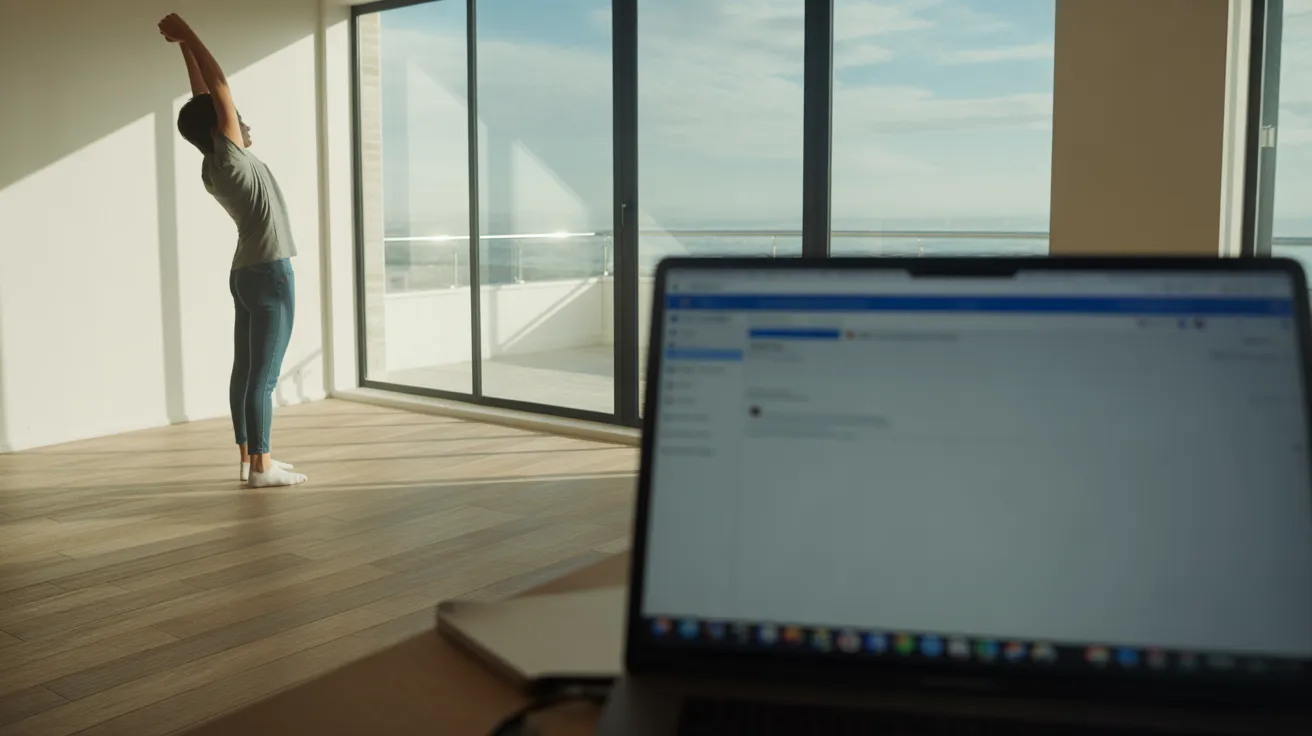 A sunlit home office with a person looking out the window. A laptop with a non-readable screen sits on a desk in the wide-angle view.