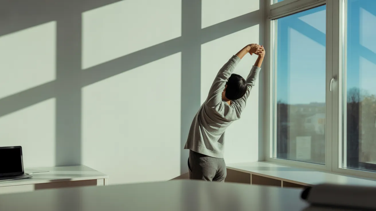 A person stretches during a work break in a sunlit home office. Strong shadows fall across the floor from a large window.