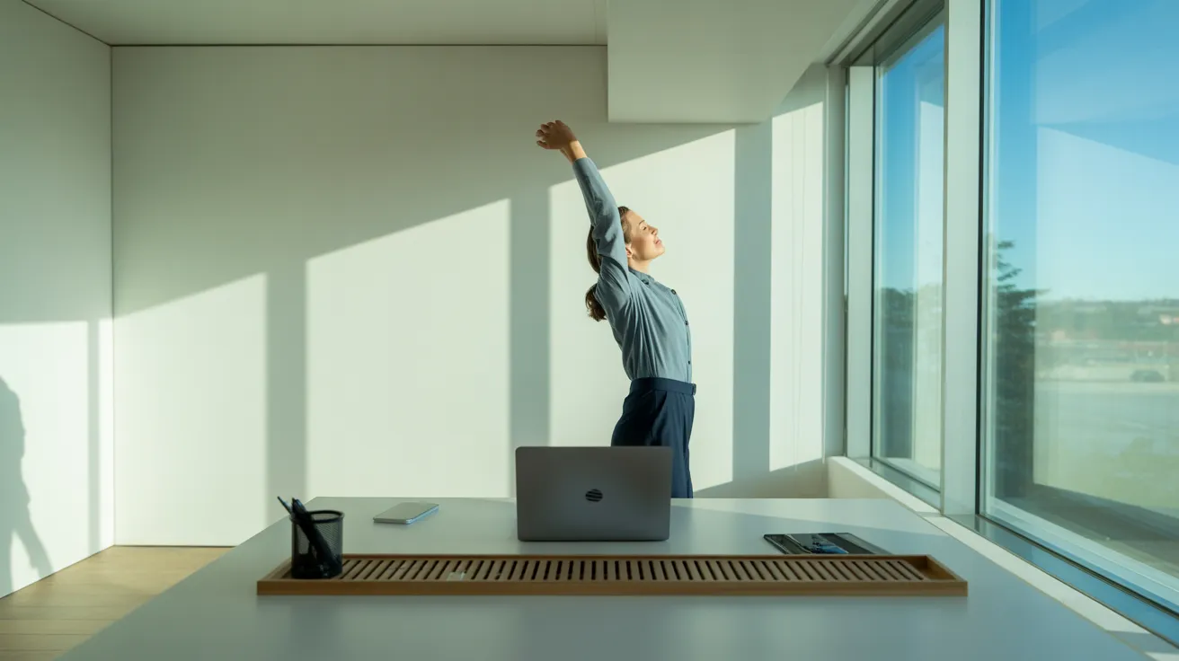 A woman takes a stretching break in a minimalist home office with strong sunlight creating sharp shadows across the floor.