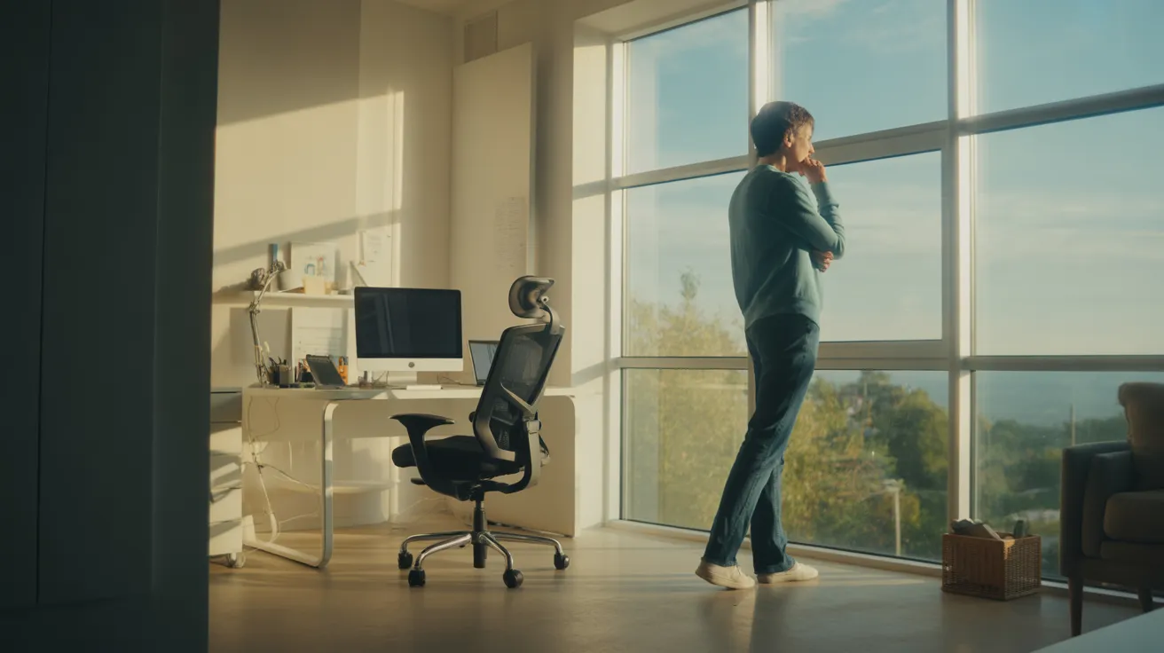 A person takes a break from work, standing by a window in a sunlit home office with an ergonomic setup.