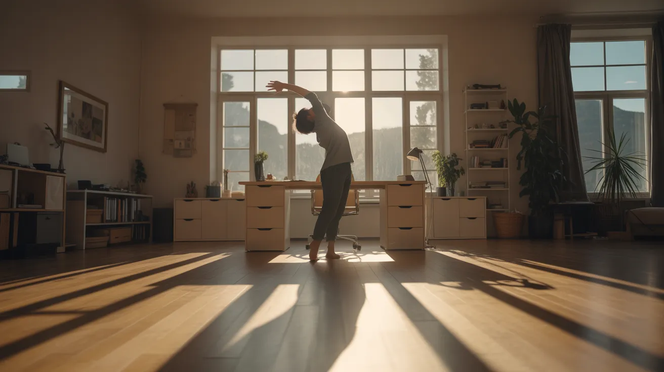 A wide view of a home office where a person stretches by a window, silhouetted by bright midday sun creating strong shadows across the floor.