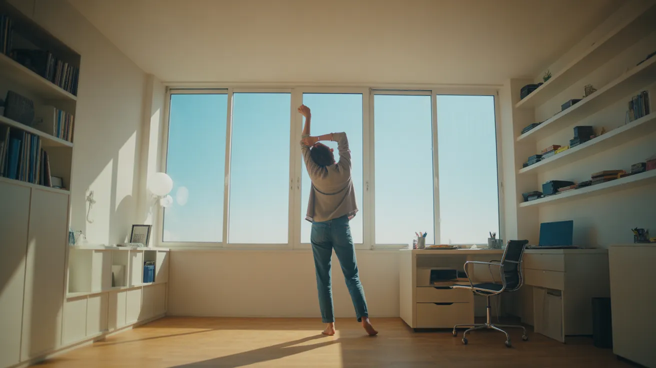 A person takes a stretching break in a sunlit, modern home office, seen from an ultra-wide perspective.