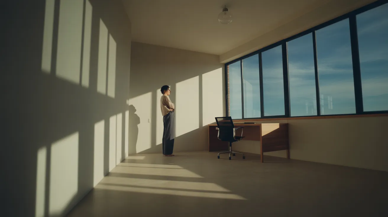 A person stands looking out a large window in a minimalist home office, with harsh sunlight creating strong shadows across the room.