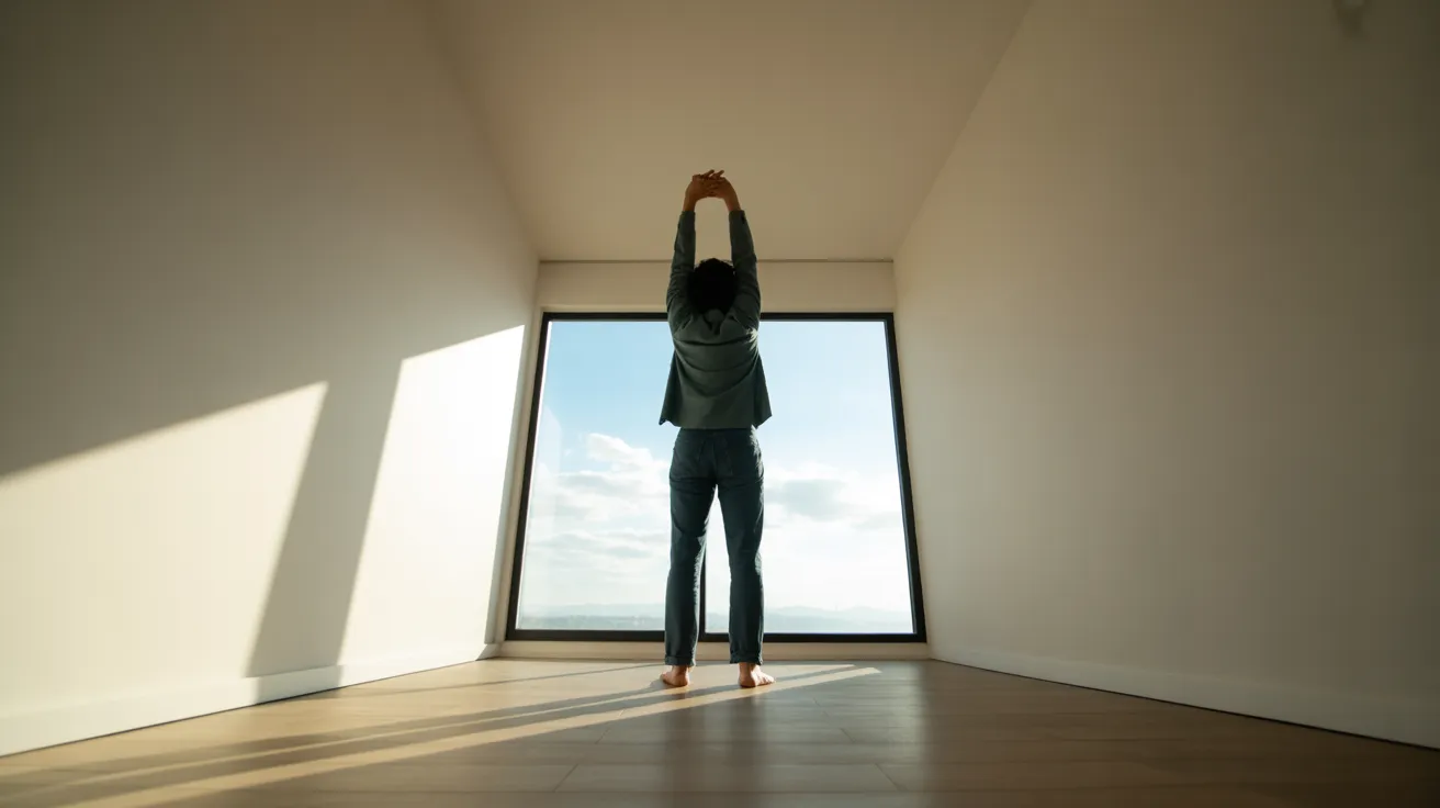 A person takes a stretching break in a sun-drenched home office. The ultra-wide view shows a tidy desk and long shadows cast by harsh midday light.