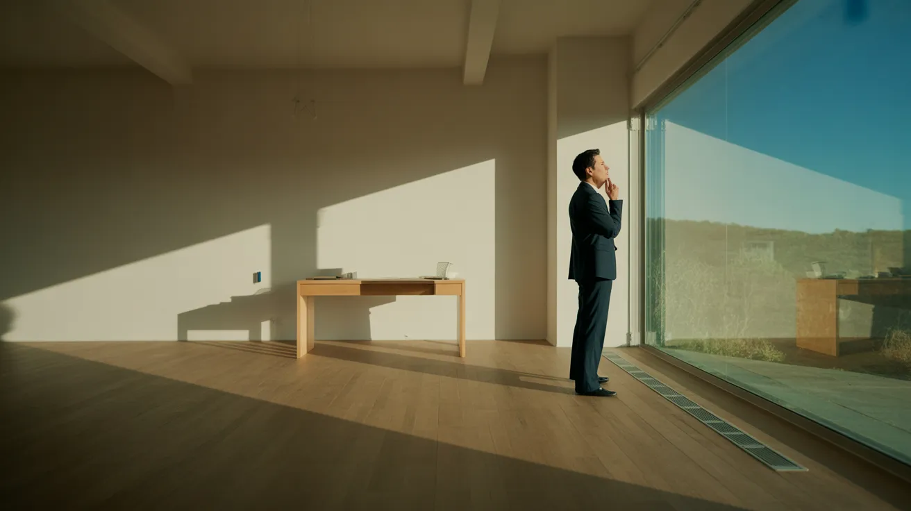 A spacious home office with a large window, where a person is taking a break and looking outside. Bright midday sun creates dramatic shadows.