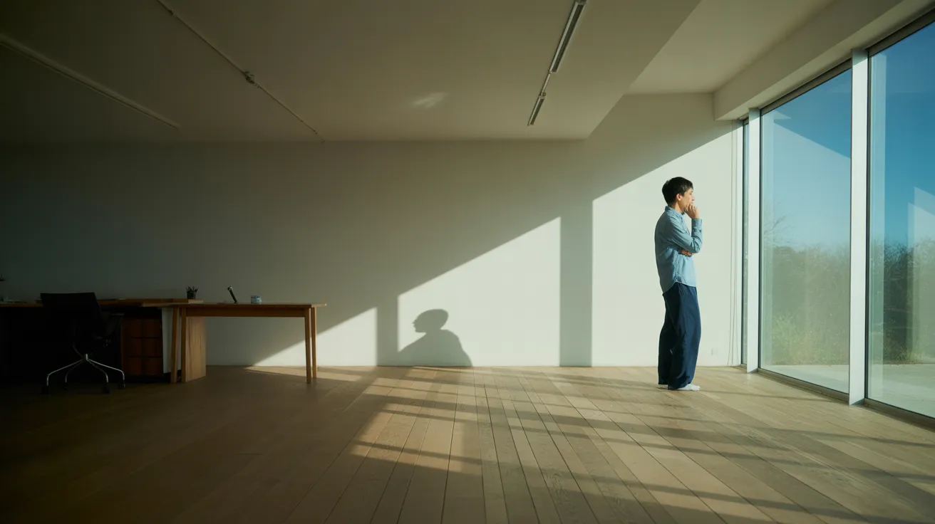A wide view of a home office with harsh sunlight and long shadows. A person stands by the window, pausing thoughtfully during a work break.