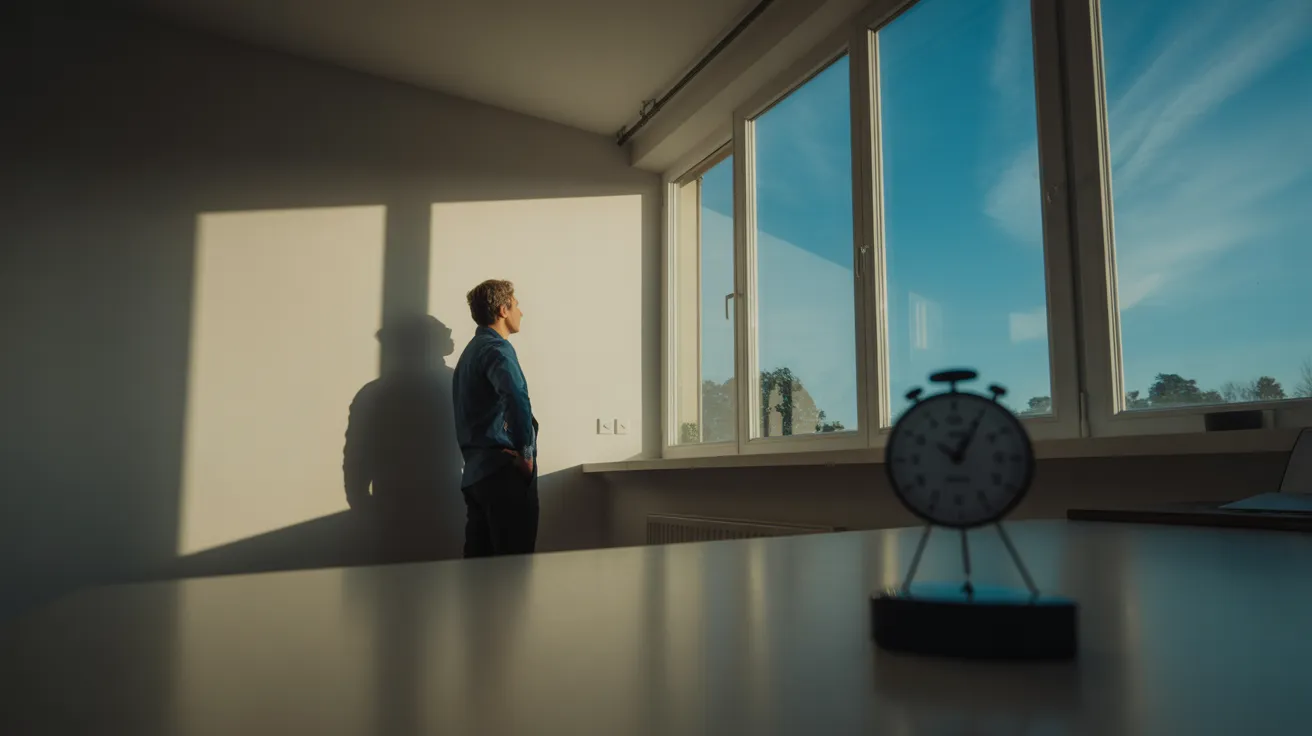 A person takes a break, looking out a sunlit window in a tidy home office. Harsh light creates long shadows on the floor.