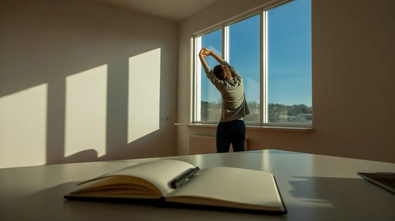 A spacious home office with a person stretching by a sunny window, creating long shadows. A desk with a journal is in the foreground.