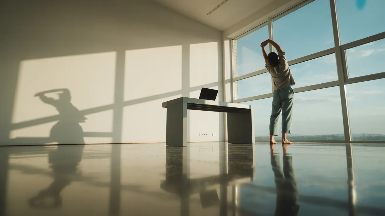 A person takes a stretching break in a sunlit, minimalist home office. A laptop with a blurred screen sits on a desk in the background.