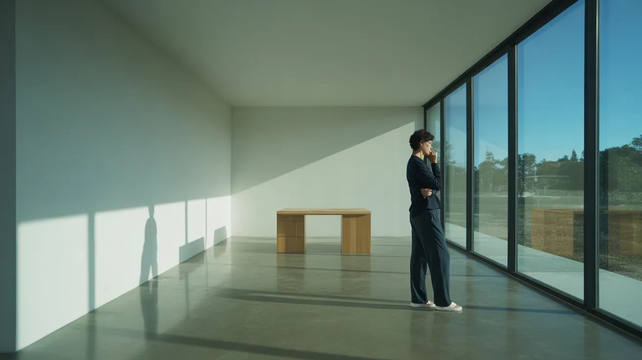 A person takes a mindful break, standing and looking out a large window in a spacious, sunlit home office with harsh shadows.