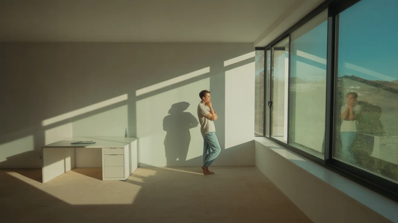A person takes a quiet break in a modern home office, looking out a large window as bright midday sun casts long shadows across the room.