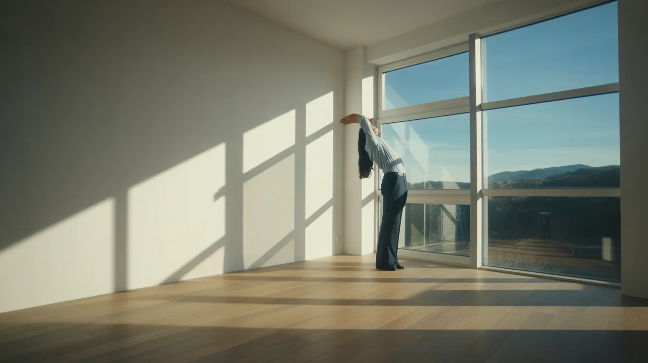 A person takes a stretch break in a bright, sunlit home office. The ultra-wide view shows a clean, organized space with strong shadows.