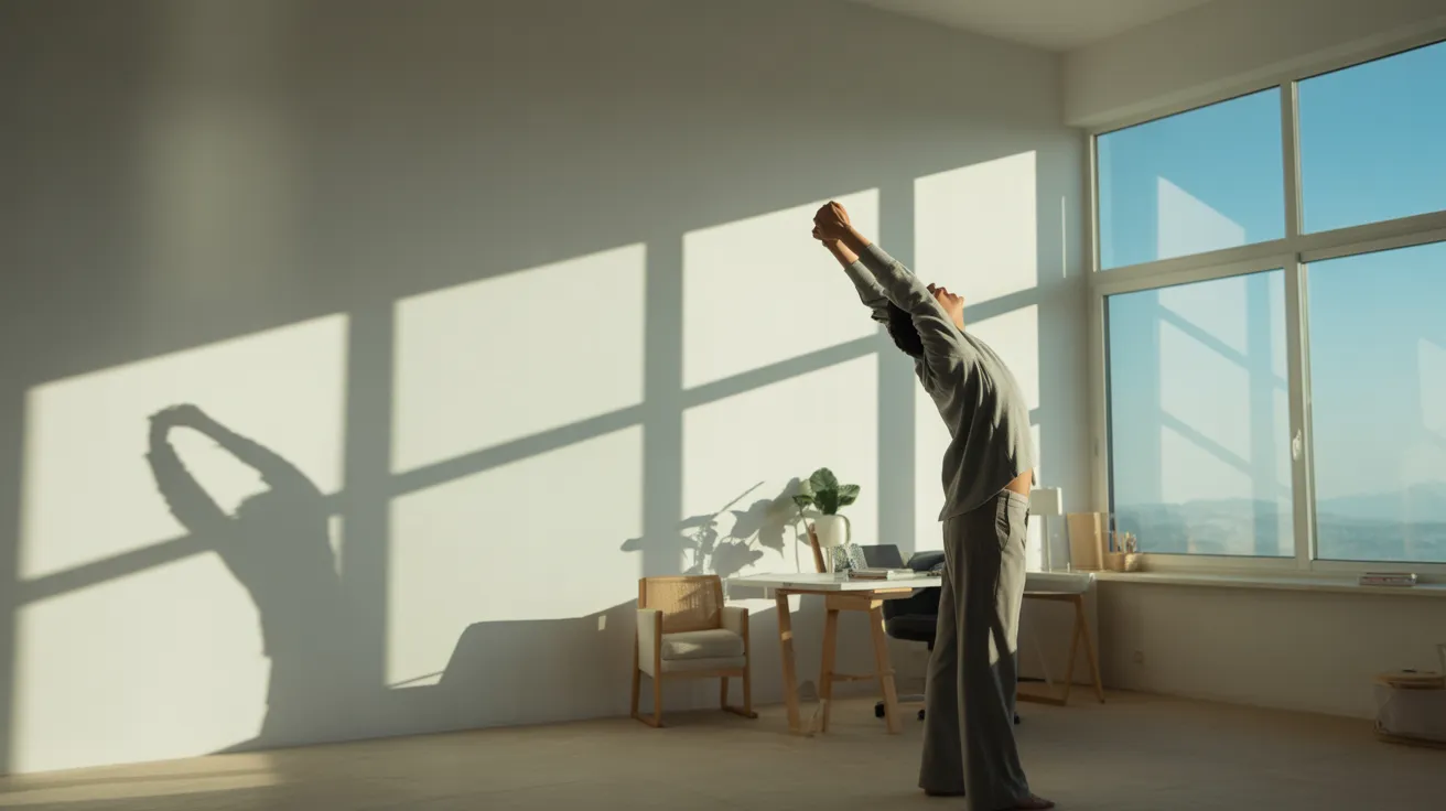 A person stretches in a sunlit, minimalist home office. Strong shadows from the harsh midday sun cross the floor and a tidy desk.
