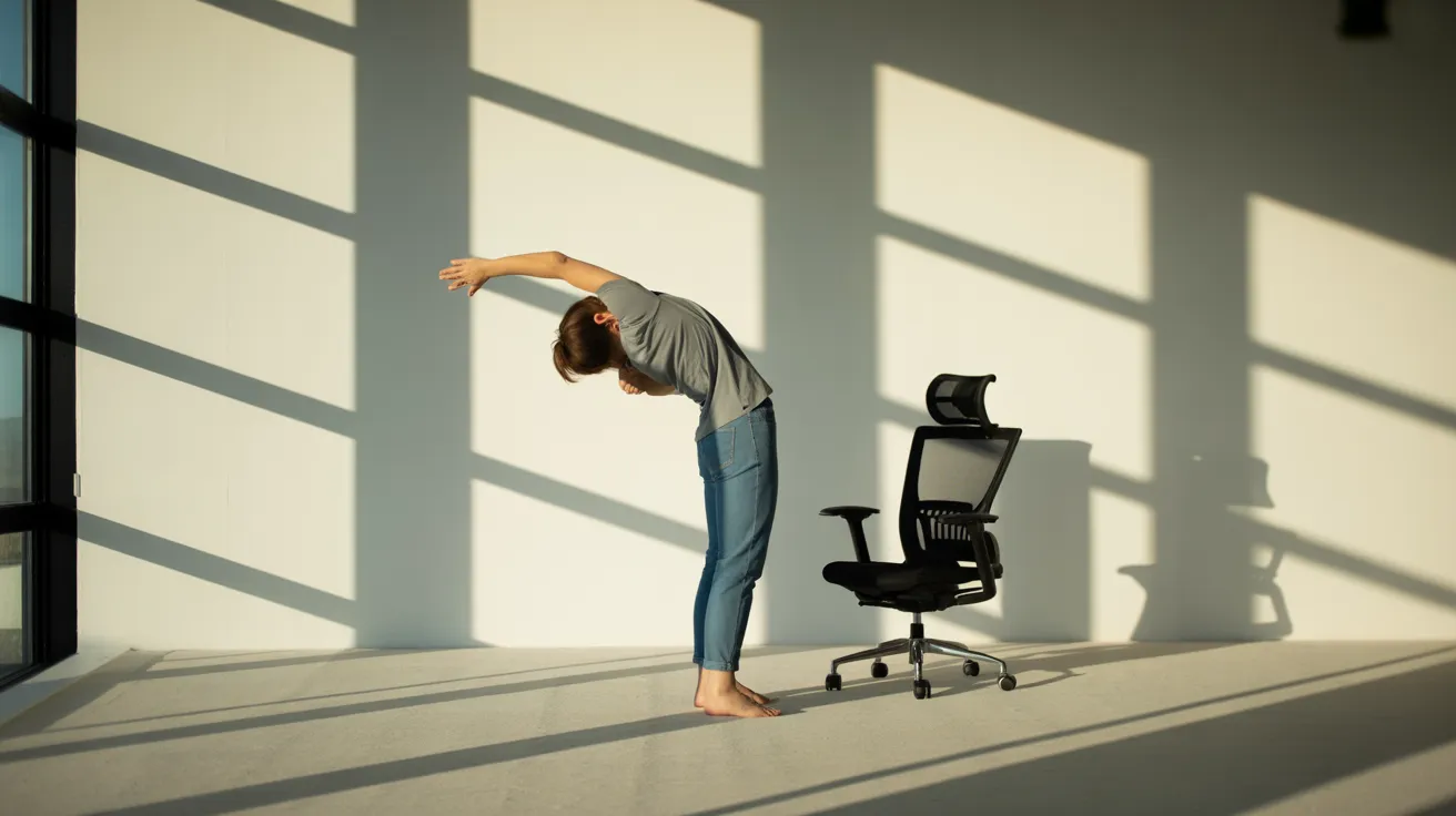 An individual stretches during a work break in a sunlit home office. The ultra-wide view shows a tidy, professional space with dramatic shadows.