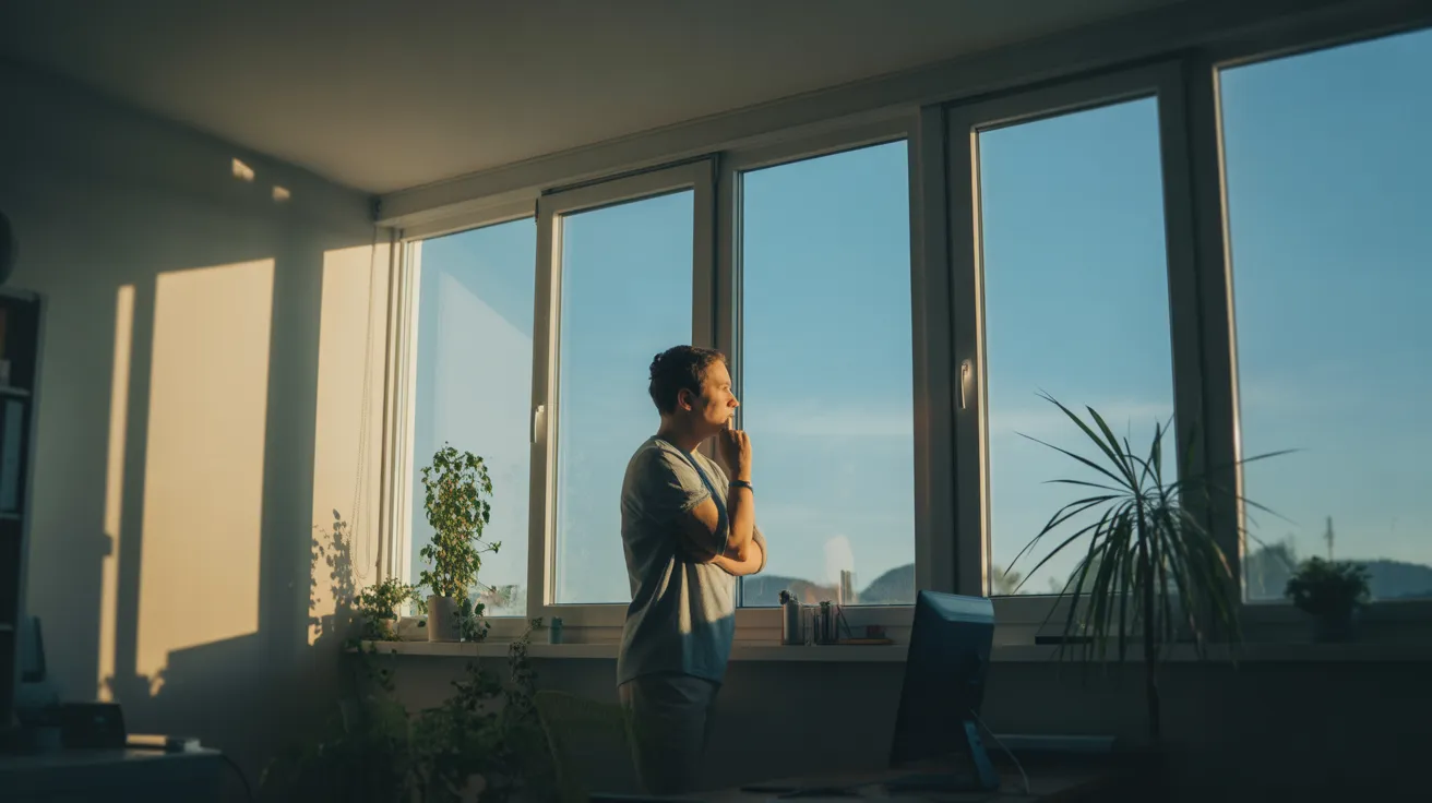 A person takes a break in a sunlit home office, looking out a large window. The ultra-wide shot captures the entire room and its minimalist decor.