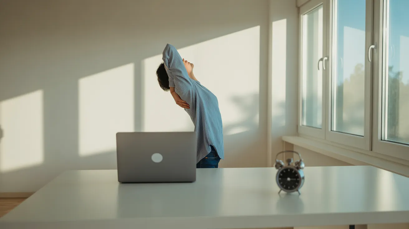 A person takes a stretch break in the center of a sunlit home office. A desk with a laptop and timer is visible in the background.