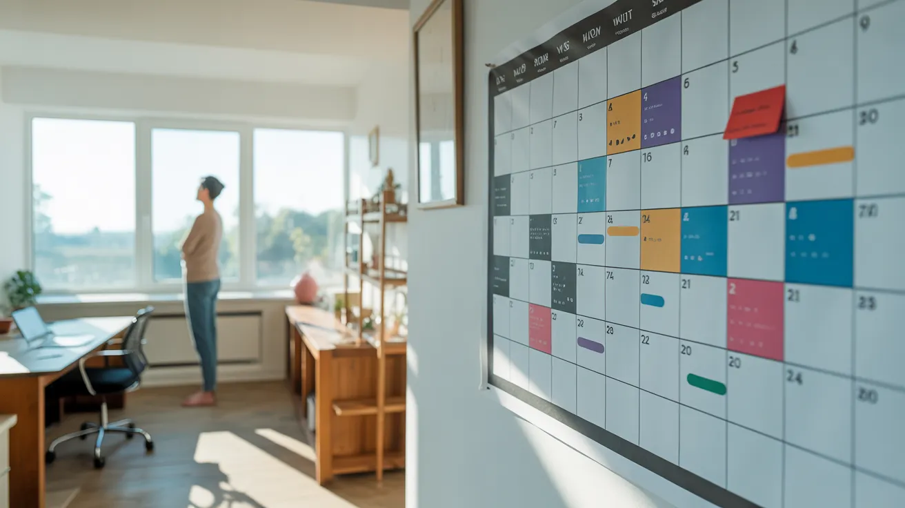 A spacious home office with a large wall planner. Strong sunlight creates sharp shadows. A person in professional attire looks out the window.
