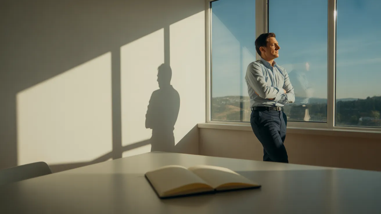 An individual takes a break from work, looking out the window of a sunlit, modern home office. An ultra wide view shows the entire tidy room.