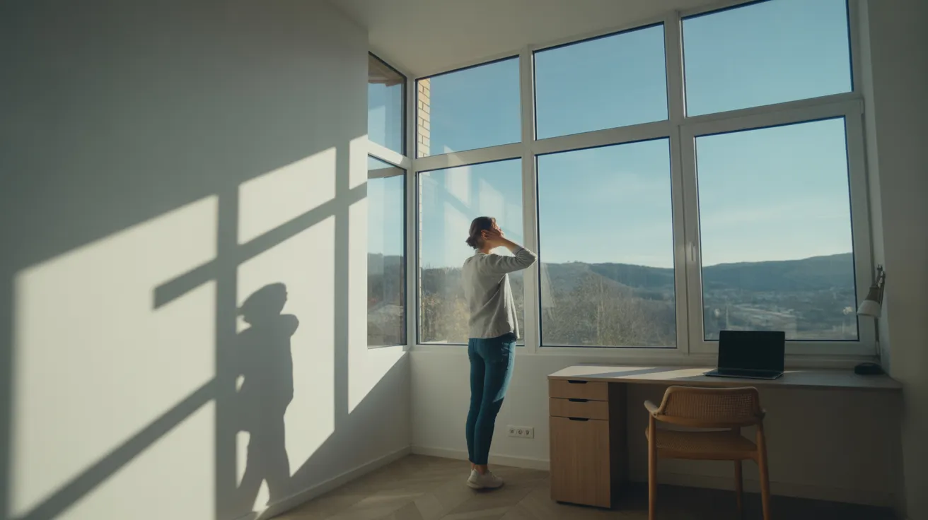 A person stands looking out a large window in a sunlit home office during a work break.