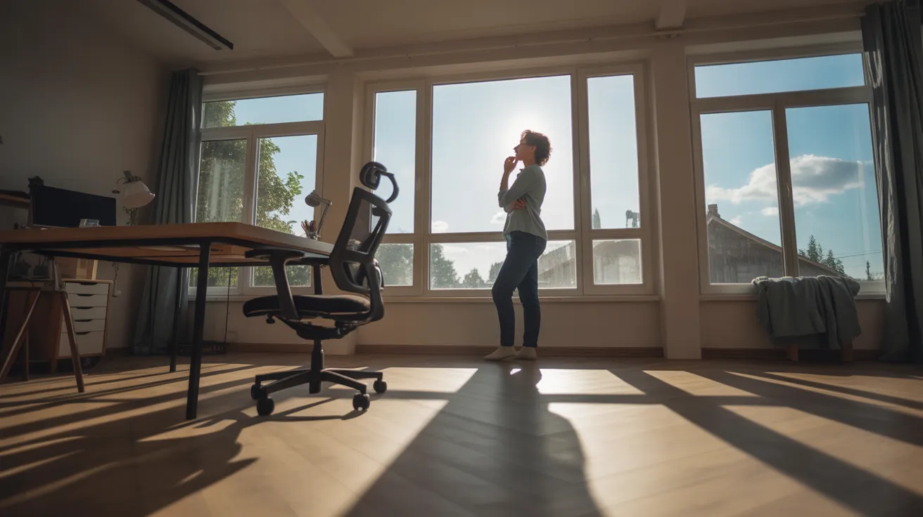 A wide view of a home office where a person takes a quiet break, looking out a window bathed in strong midday sunlight.