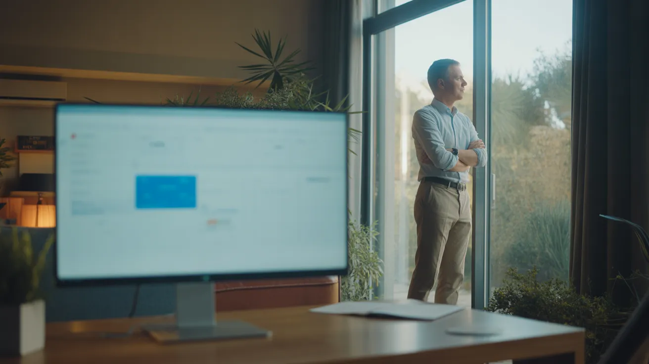 An individual takes a break in a sunlit home office, looking out the window. A large, out-of-focus computer monitor sits on a clean desk.