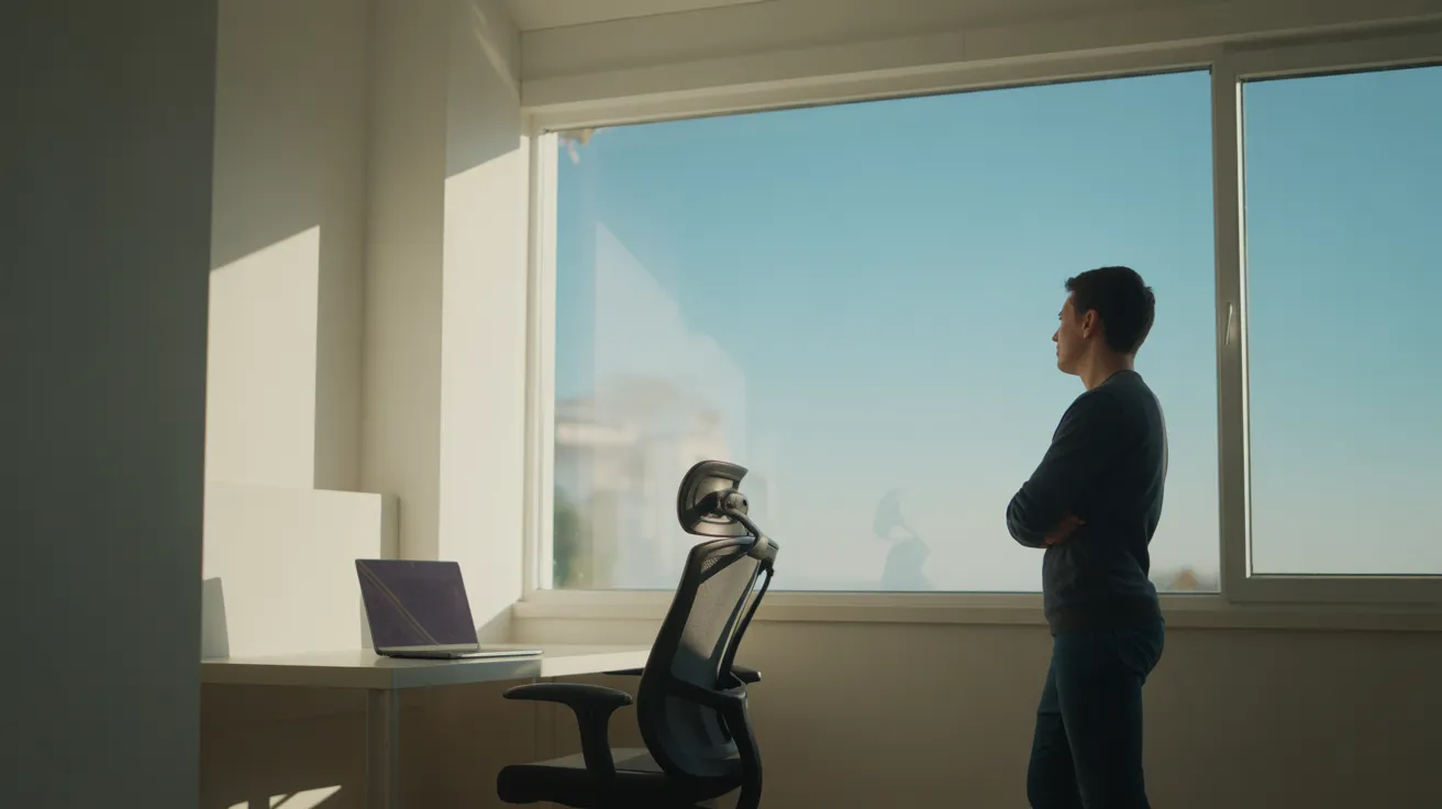 A person takes a mindful break, looking out the window of a sunlit, modern home office during the day.