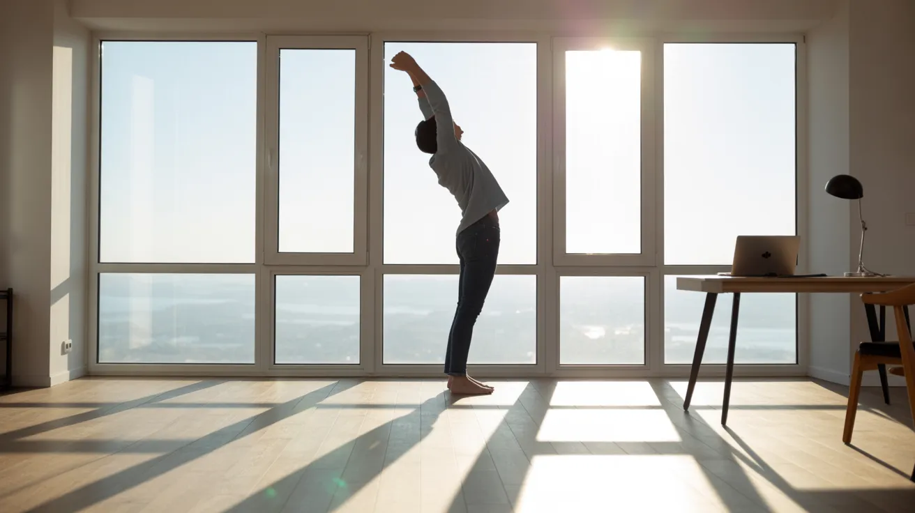An ultra-wide interior shot of a person in a sunlit home office, stretching by a large window during a midday work break.