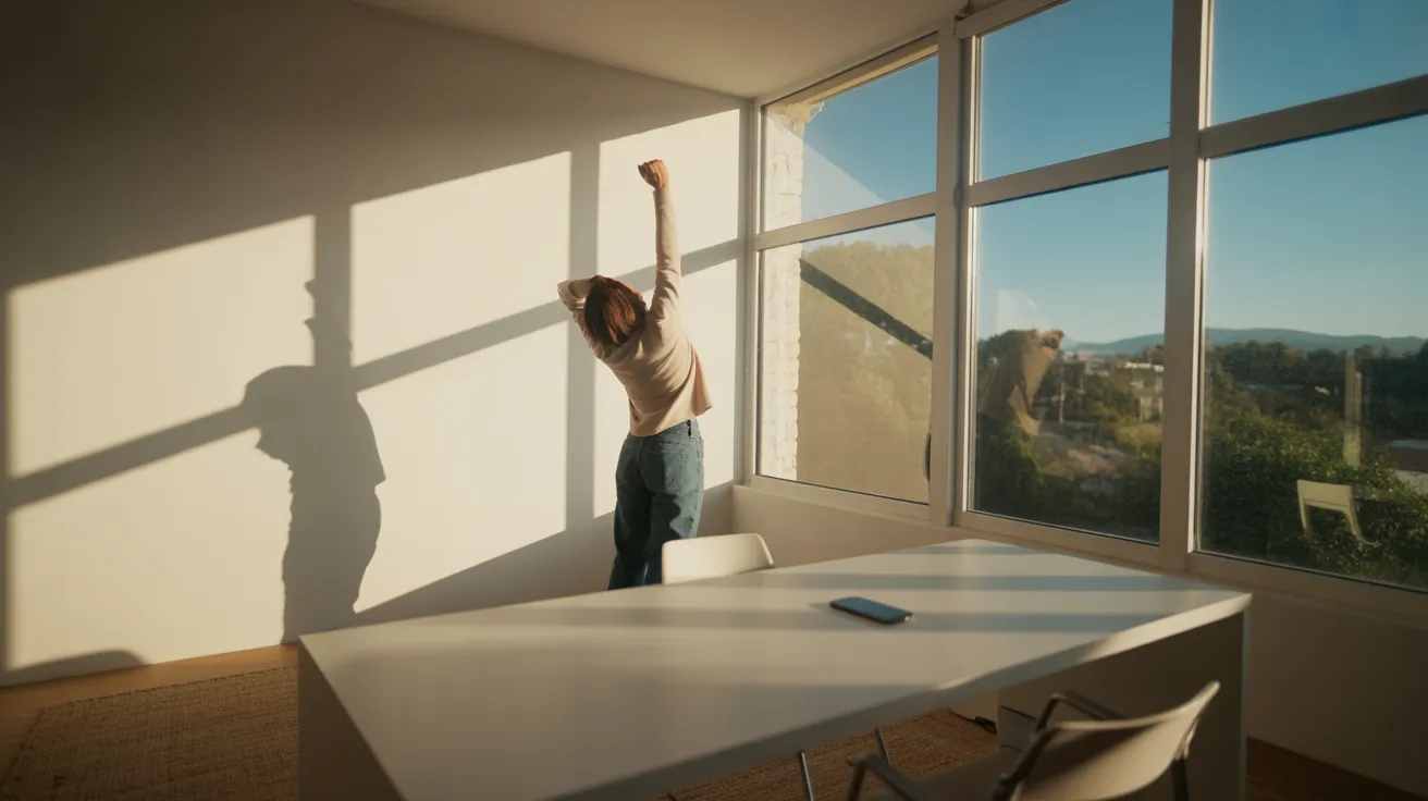 A person takes a stretching break in a sunlit home office, looking out the window. A phone is face down on the desk in the foreground.