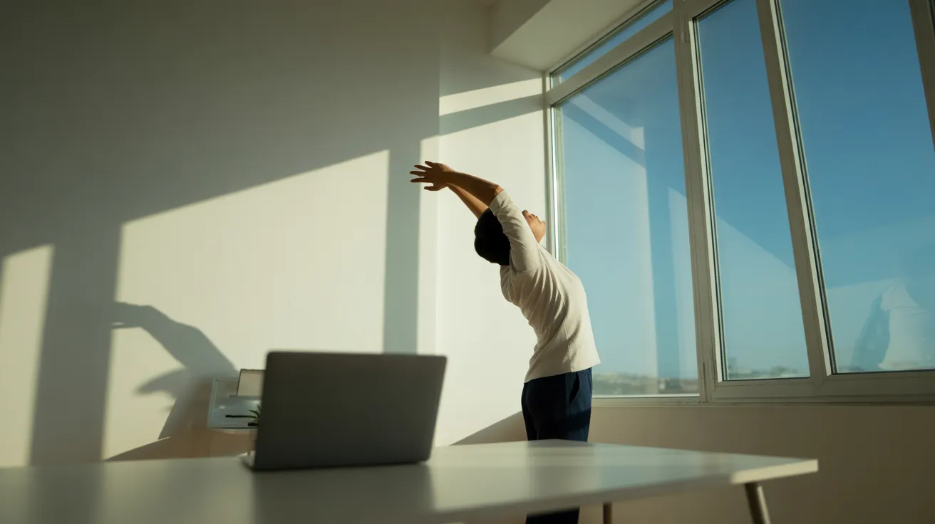 A person stretches in a sunlit home office during a work break, seen from an ultra-wide perspective.