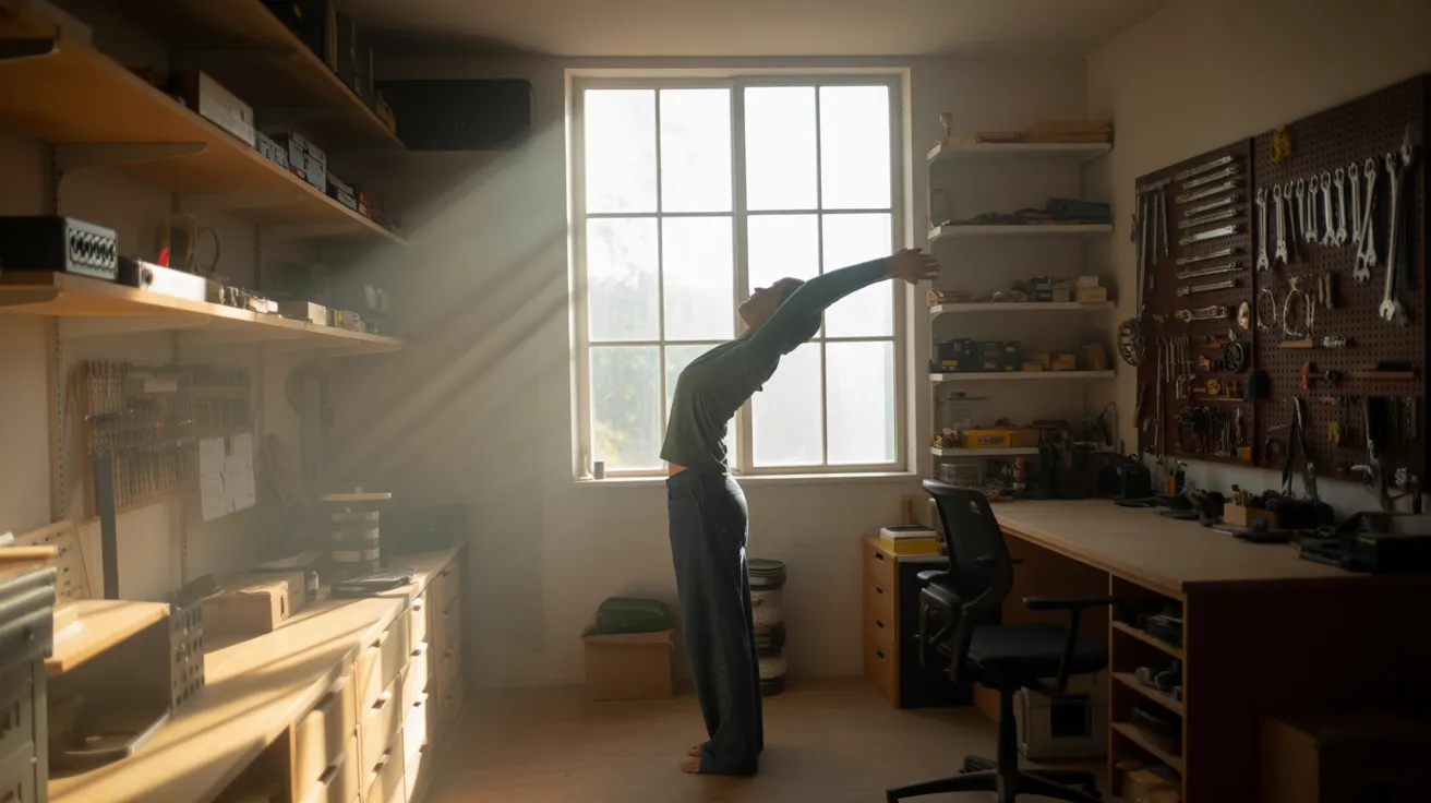 A person takes a stretching break by a sunny window in a spacious, organized home office with shelves of hardware and tools.