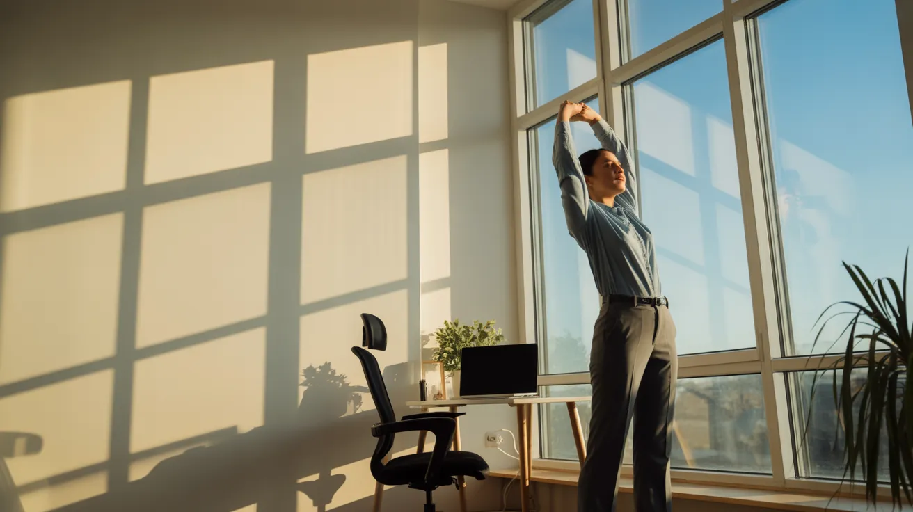 An ultra-wide view of a sunlit home office with a woman stretching by the window during a work break.