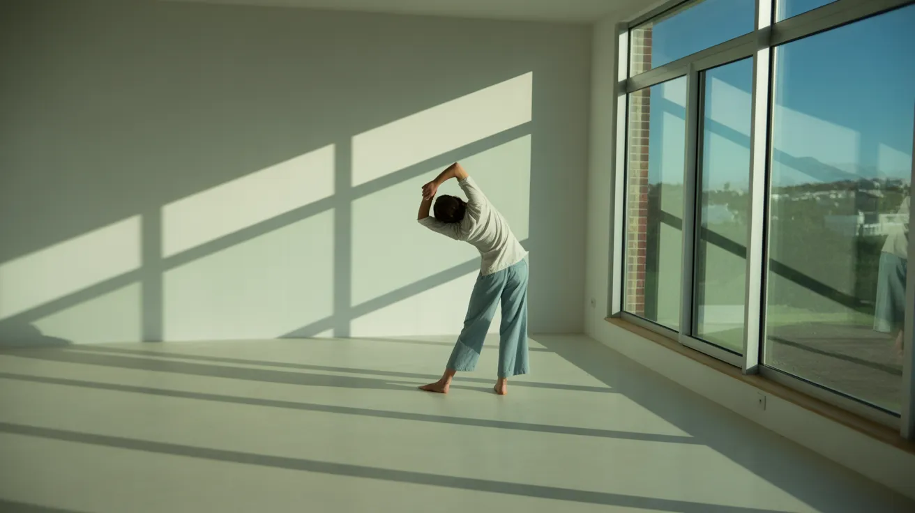 A person stretches in a sunlit, organized home office. An ultra-wide view shows a clean desk and floor with strong shadows from the midday sun.