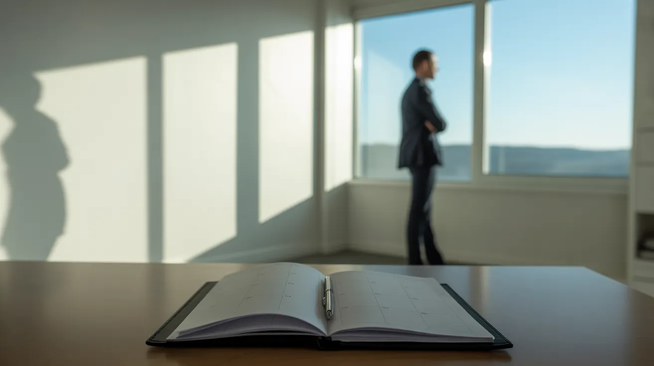 A person takes a break by a sunny window in a home office. A desk with an open planner sits in the foreground of the ultra-wide shot.
