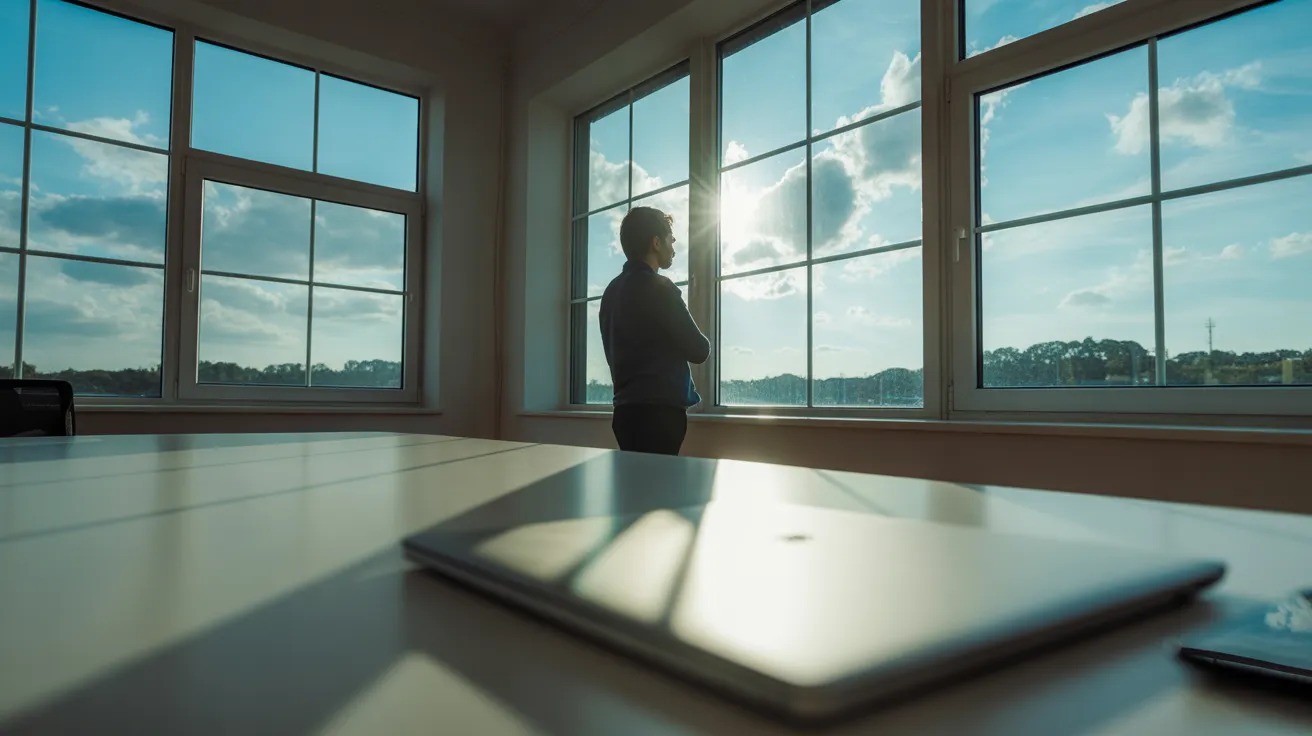 An ultra-wide interior shot of a sunlit home office, with a person pausing to look out the window during a work break.