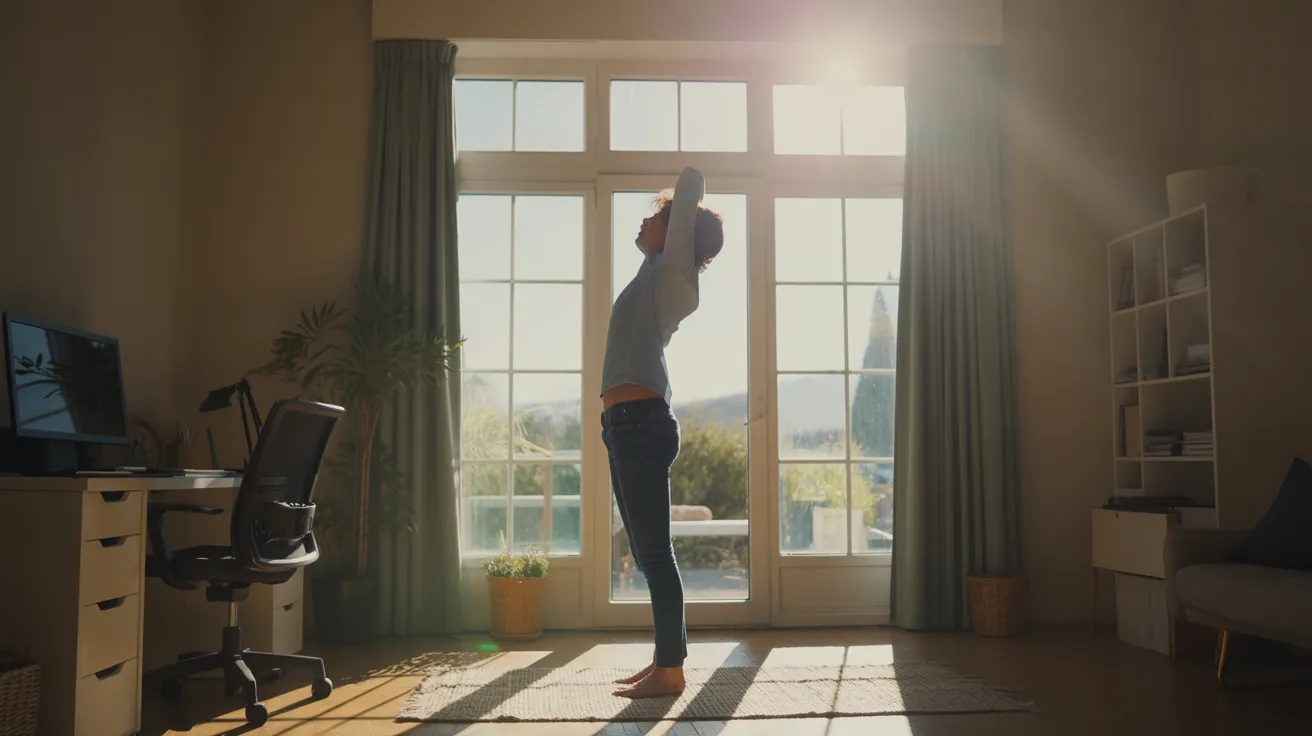 A person stretches while looking out a large, sunlit window in a spacious home office during a midday break from work.