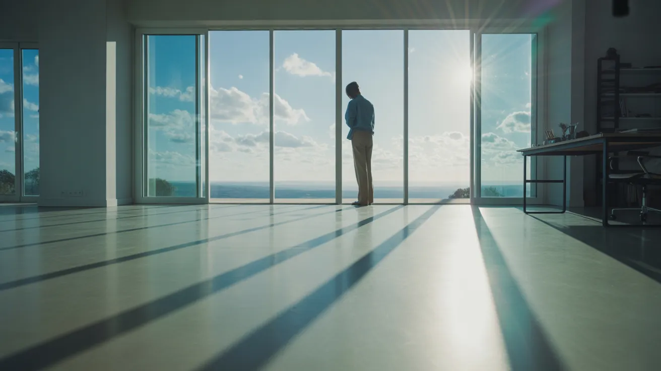 A person stands in a sunlit home office, looking out the window in a moment of reflection. The room is spacious and minimalist.
