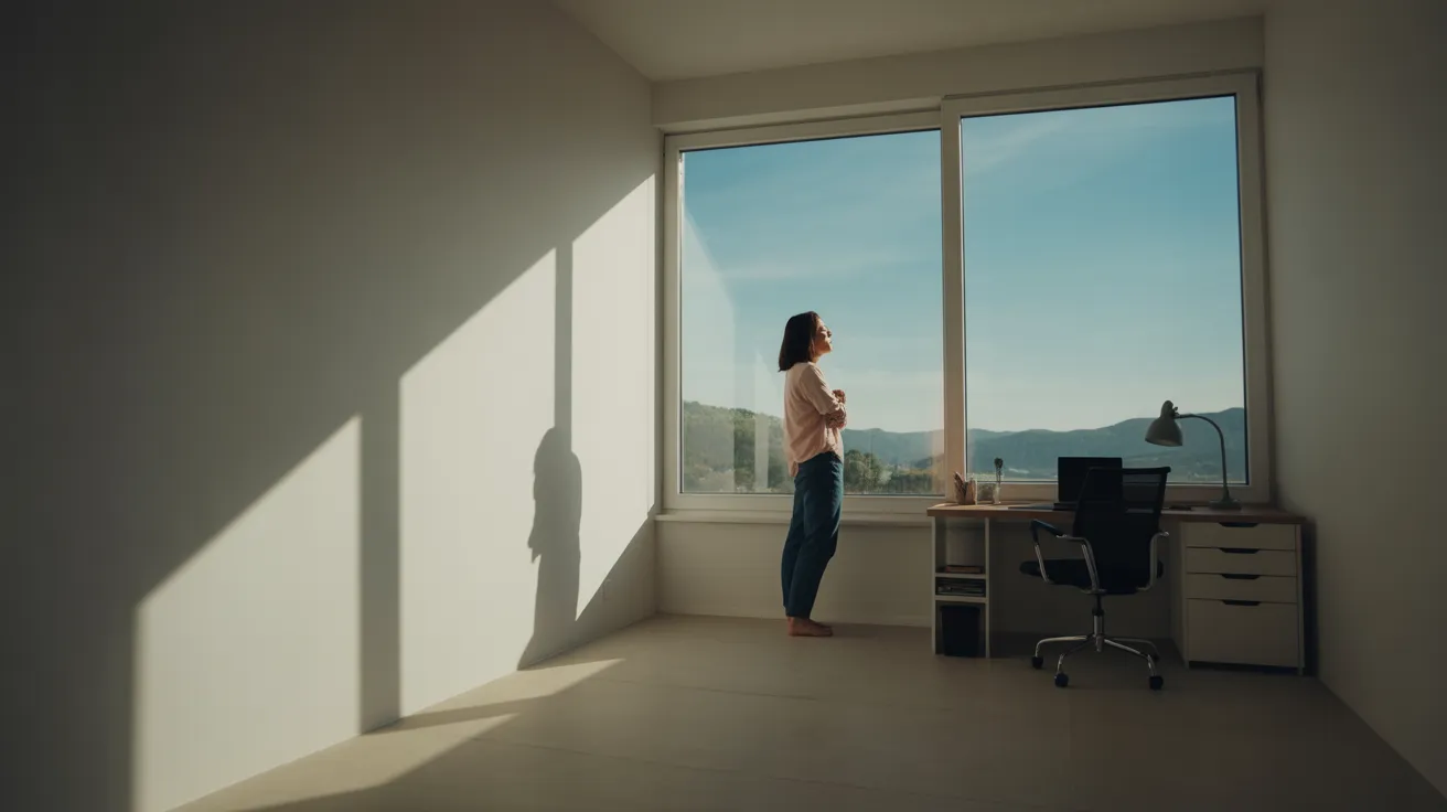 A person takes a break in a sunlit home office, looking out a large window. The ultra-wide view shows a clean, organized workspace.