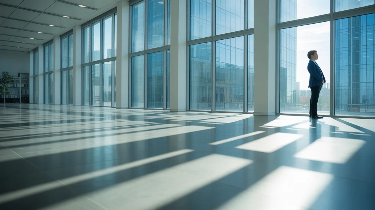 An ultra-wide view of a sunlit modern office with a person taking a brief break by the window, looking out over the city.