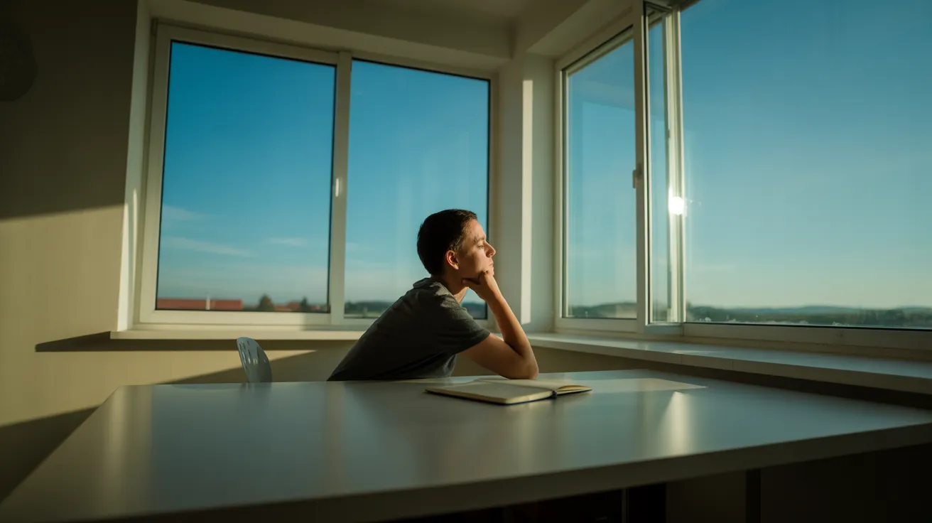 A person stands near a window in a spacious, modern home office during the middle of the day, with bright sunlight casting long shadows.