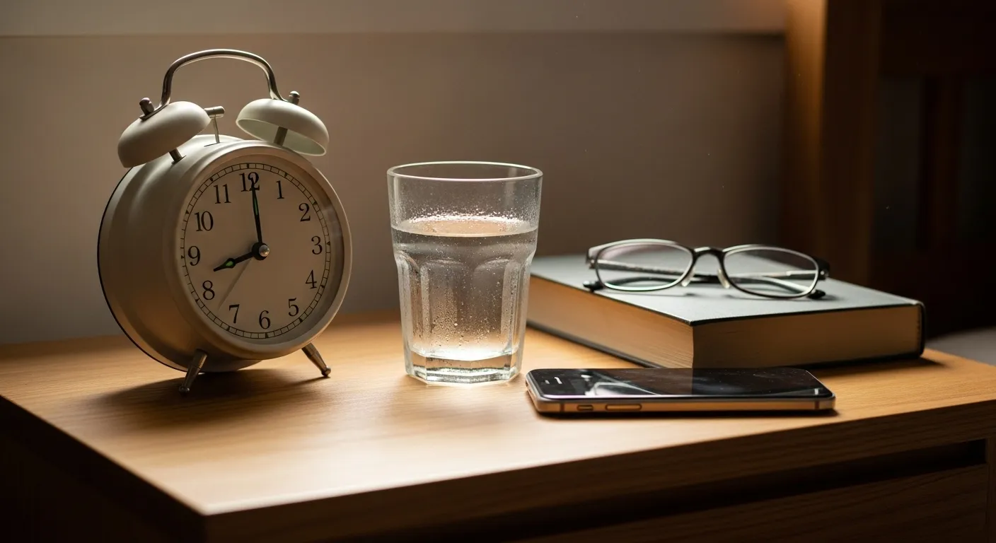 A nightstand in the morning with an analog clock, a book with reading glasses, a glass of water, and a smartphone placed screen-down.