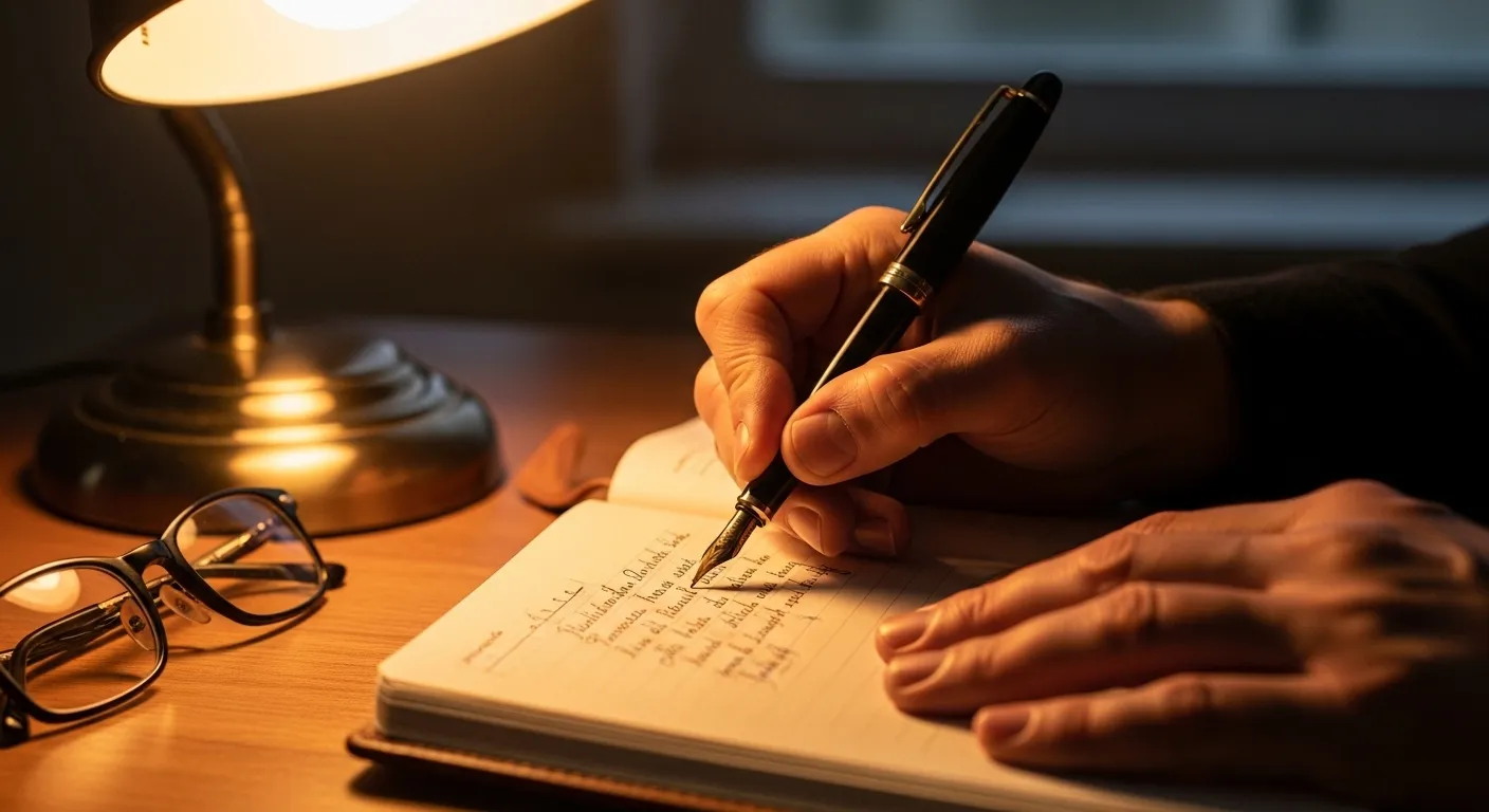 A close-up of a person's hands writing in a journal under the warm glow of a desk lamp at night.