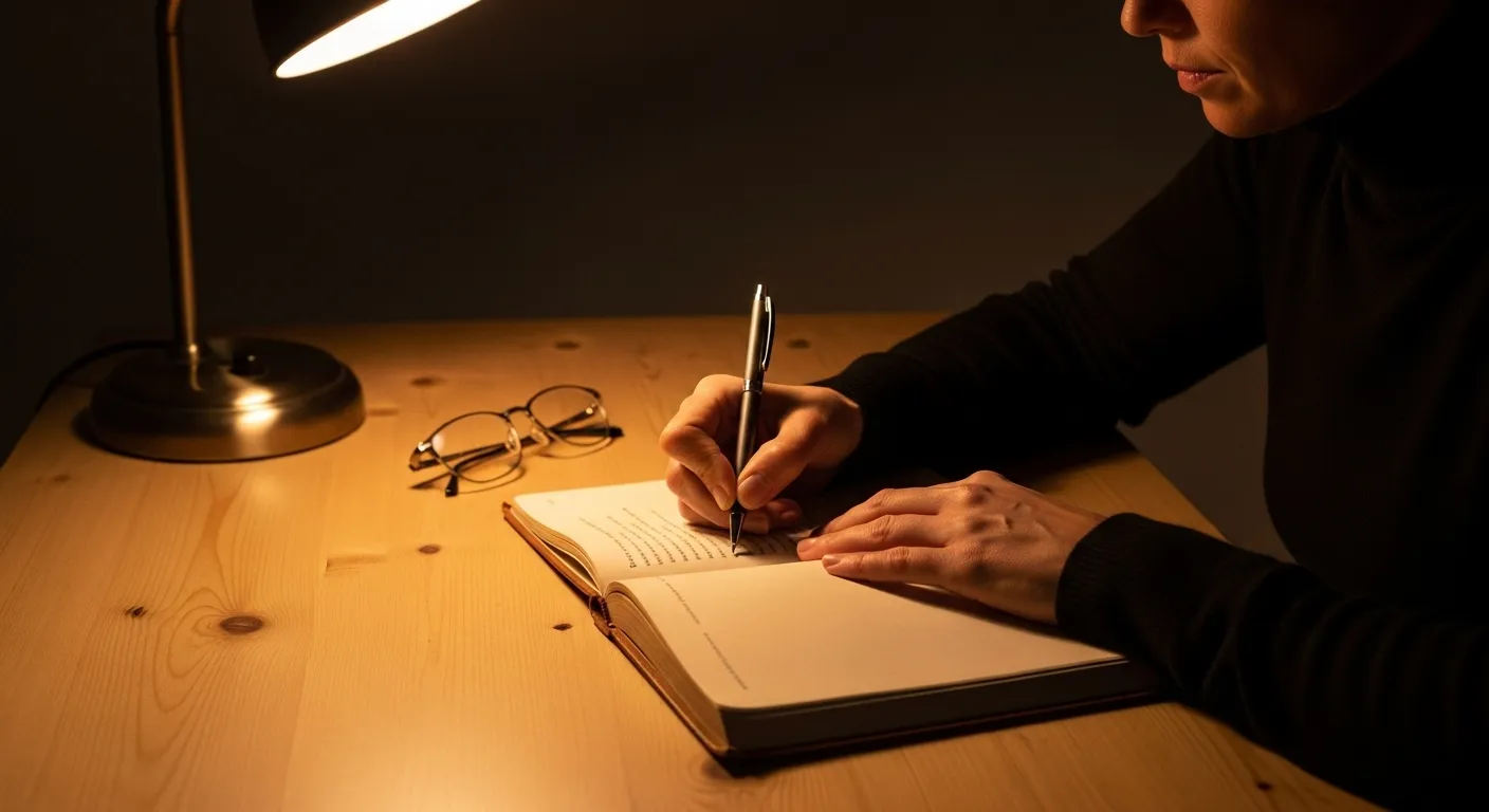 A person's hands writing in a journal on a desk under the warm glow of an evening lamp. Reading glasses are on the table.