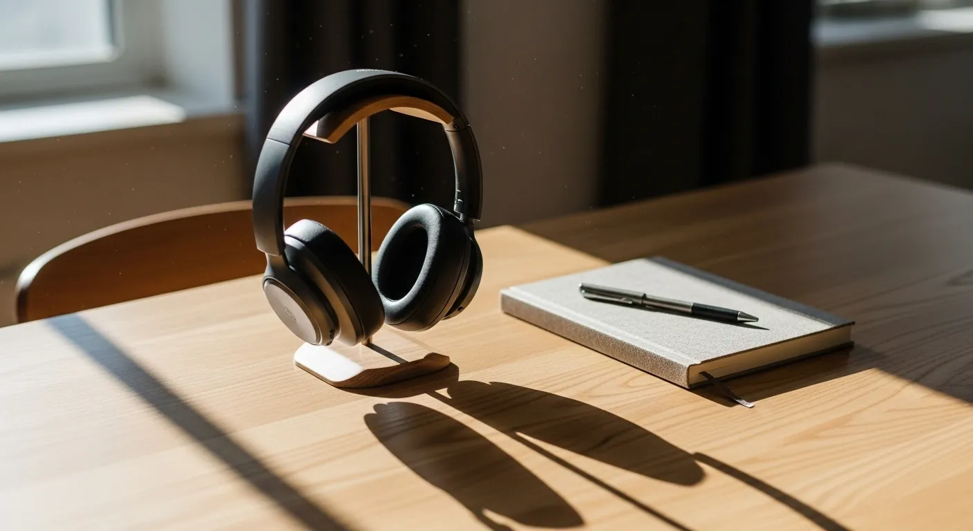 A clean desk setup for deep work, featuring headphones on a stand, a notebook, and a pen in soft afternoon daylight.
