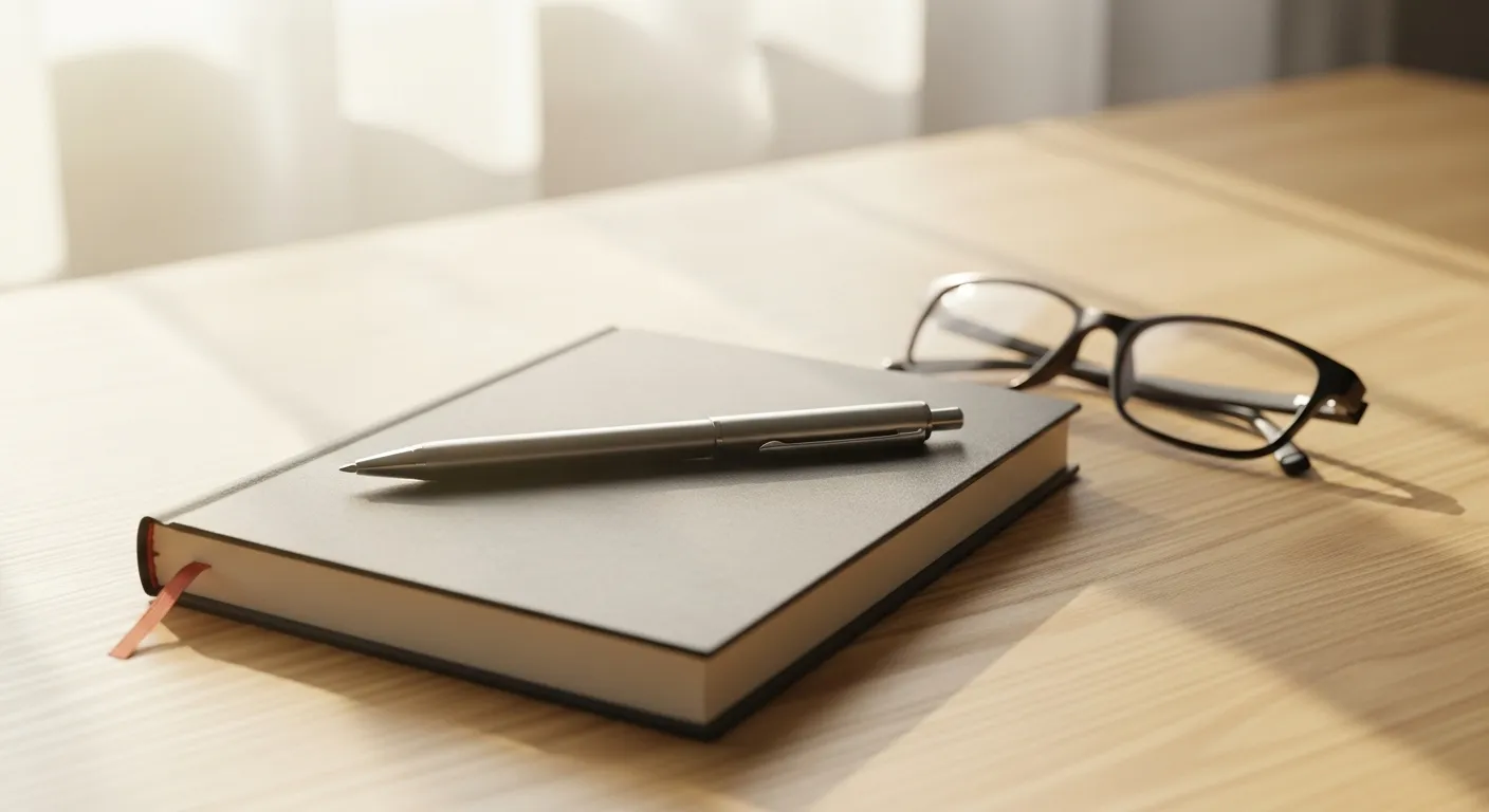 A closed notebook, a pen, and reading glasses on a wooden desk in soft daylight, suggesting a moment of quiet thought.