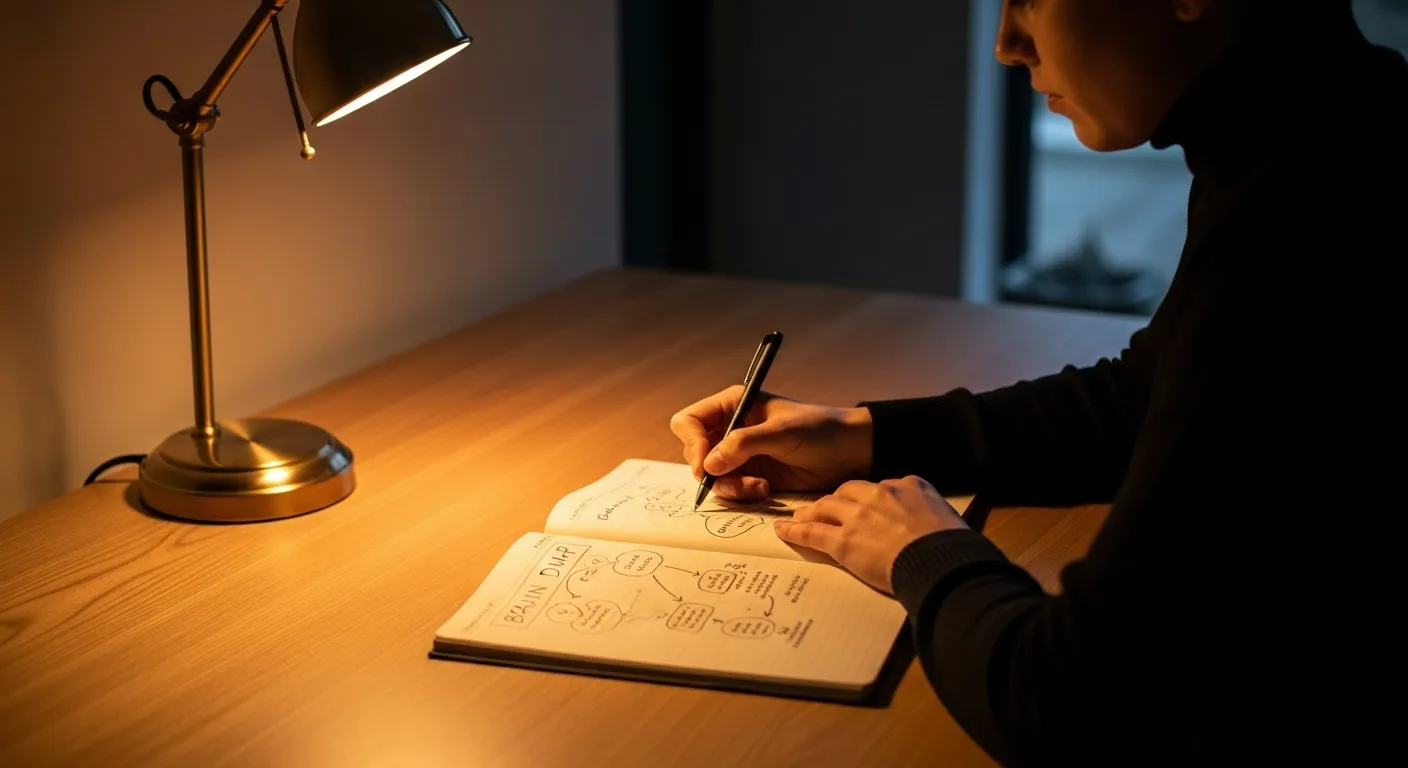 A person writes in a notebook at a tidy wooden desk at night, lit by a single warm lamp. The scene is quiet and focused.