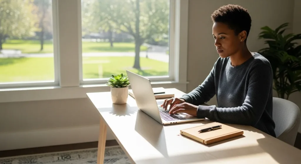 A person works on a laptop at a neat desk in a sunlit room. A notebook and pen sit nearby, suggesting a plan for a productive evening.