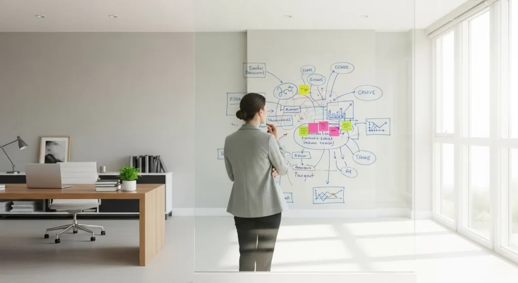 A woman in a sunlit home office looks at a large whiteboard with abstract notes, her organized desk in the background.