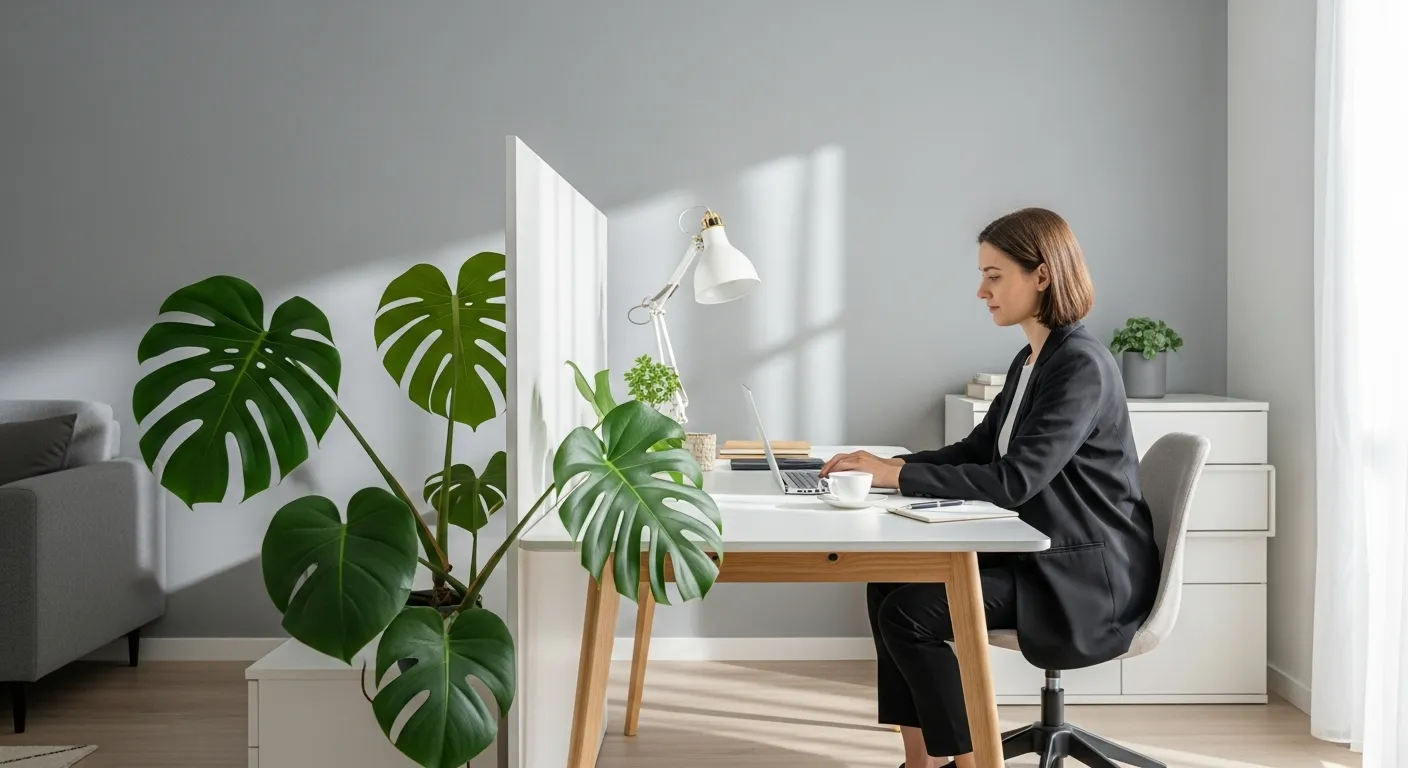 A person works at a clean desk in a dedicated home office nook, with a large plant creating a visual separation for focus and concentration.